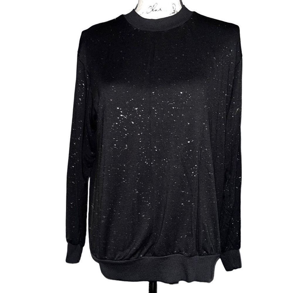 Michael Stars Black Silver‎ Foil Splatter Crewneck Top XS Long Sleeve Pullover